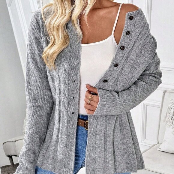 Grey Casual Women's Long Sleeve button down sweater Cardigan - Picture 5 of 7